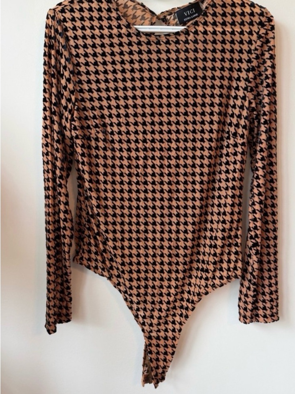 Vici Black & Tan Houndstooth Long Sleeve Bodysuit